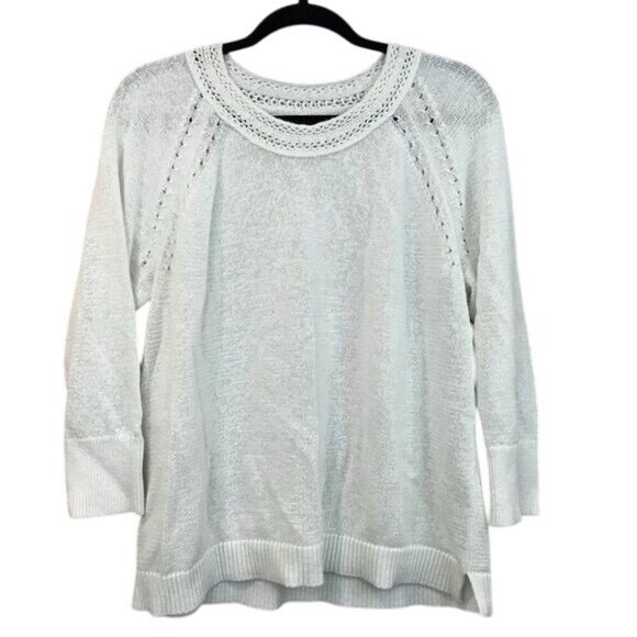 Ann Taylor Loft White Open Knit Sweater XL Pullover Lightweight 3/4 Sleeve - Picture 1 of 8